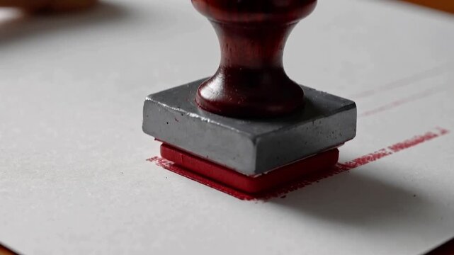Vintage Stamp with Wooden Handle Creating Impression on Paper in Soft Natural Light