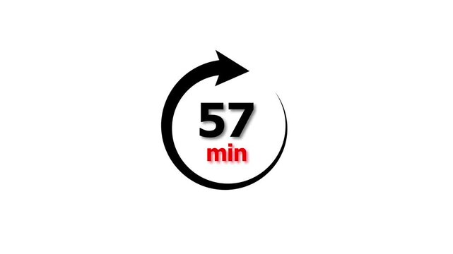 Animation video timer icon with 57 min. timer 57 minutes countdown icon. motion graphic arrow Clock 57 minute icon, white background 4k video animation