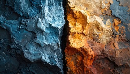 Naklejka premium Split textured surface, contrasting colors of blue and orange