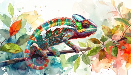 Watercolor chameleon on a branch, surrounded by colorful foliage
