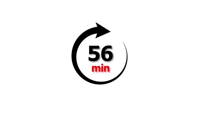 Animation video timer icon with 56 min. timer 56 minutes countdown icon. motion graphic arrow Clock 56 minute icon, white background 4k video animation