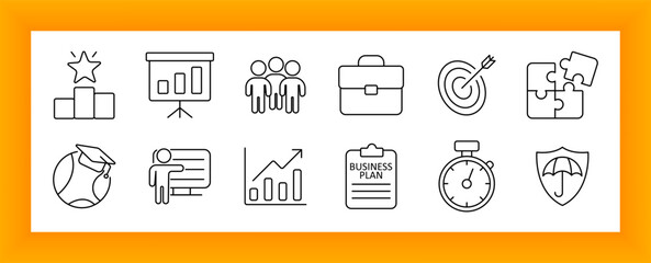 Business training set icon. Podium, graph, people, briefcase, dartboard, puzzle, graduation globe, clipboard, timer, umbrella, and chart board used in planning and growth themes.