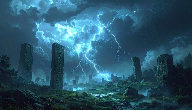 Ancient stone monuments stand amidst a stormy landscape, struck by lightning