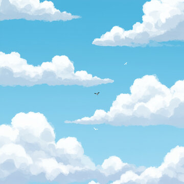 Blue sky with soft white clouds and flying birds, calm dreamy sky illustration background