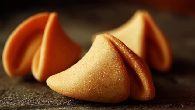 Fortune cookies on wooden surface with soft lighting  