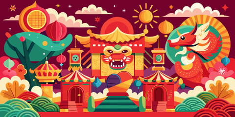 Colorful Chinese festival scene with dragon and lion decorations  