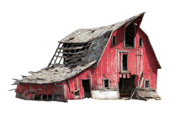 Weathered, dilapidated red wooden barn against a transparent background