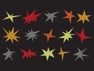 Colorful starburst shapes seamless pattern on dark background with abstract geometric style. Modern decorative texture suitable for design, branding, posters, packaging, textiles and digital projects.