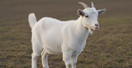 Fototapeta premium Stunning White Domestic Goat Standing Alertly in a Pasture Field — Ideal Image for Sustainable Farming and Natural Dairy Products.