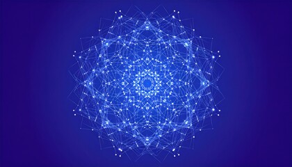 Intricate, glowing blue geometric mandala-like structure on gradient background
