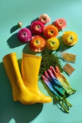 Fototapeta premium Colorful gardening flat lay with yellow boots, flowers, seeds, and gloves on blue background