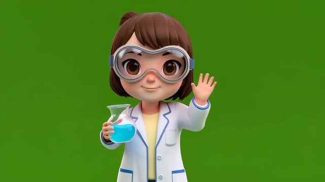 Cartoon scientist character holding beaker with blue liquid on green background