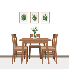 Fototapeta premium Modern Dining Room with Wooden Table, Chairs, and Botanical Art