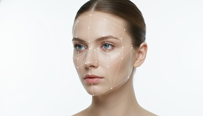 Woman's face displaying a digital grid overlay for facial scanning, representing concepts of identity verification, cybersecurity, and artificial intelligence in modern security systems