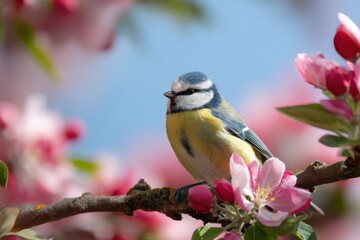 Blue tit perched on blooming branch in springtime