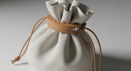 Minimalist Luxury Drawstring Bag Mockup. Textured linen pouch sealed with an elegant wooden clasp for premium eco-friendly product packaging.