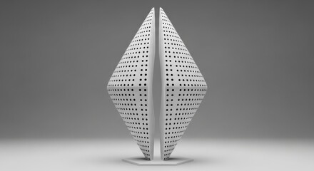 Futuristic Perforated Symmetrical Sculpture Displayed in a Minimalist Studio Context, Symbolizing Modern Architectural Innovation and Technology.