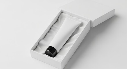 Blank White Cosmetic Tube Mockup Presented in Luxury Minimalist Gift Box Packaging for Premium Branding Template Design.