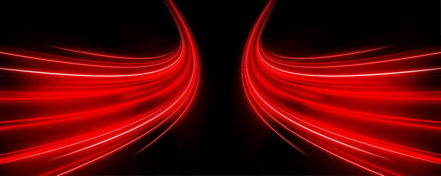 Shiny fiery red neon stripes on white transparent background PNG. Vivid curved light trails and flashing red light effects. Vector element on black background for stunning digital creations.	