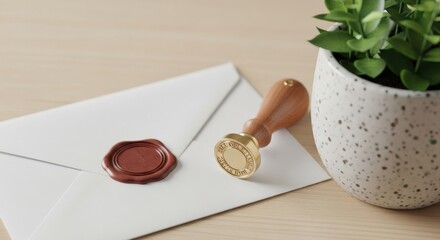 Vintage Gold Wax Stamp Next to a Red Sealed Envelope on a Wooden Desk, Representing Luxury and Official Confidential Communication.