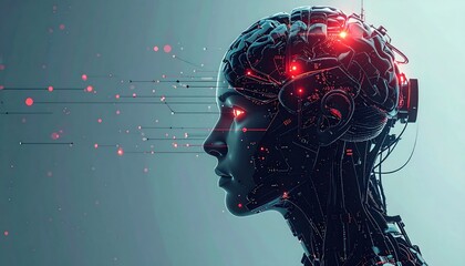 Cybernetic woman with glowing eyes and neural connections, futuristic tech