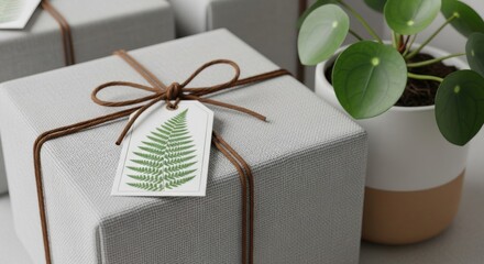 Minimalist Gray Gift Box Wrapped with Twine and Fern Tag, symbolizing Sustainable and Luxury Gifting Concepts for E-commerce Branding.