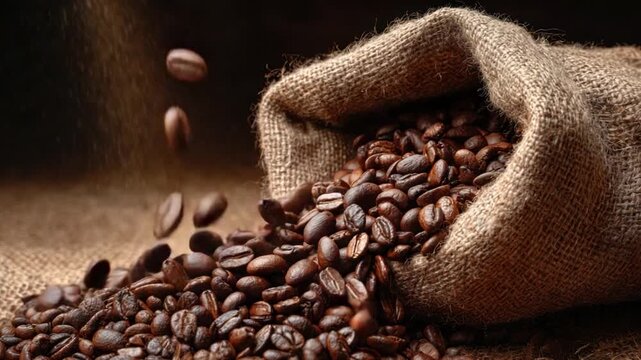 Coffee Beans Pouring Out: An aromatic cascade of roasted coffee beans spills from a rustic burlap sack, evoking the essence of a comforting and invigorating beverage.