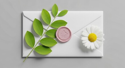 Premium Wedding Invitation Envelope Flat Lay, Sealed with Pink Wax and Adorned with Daisy and Green Leaves for Natural Stationery Design.