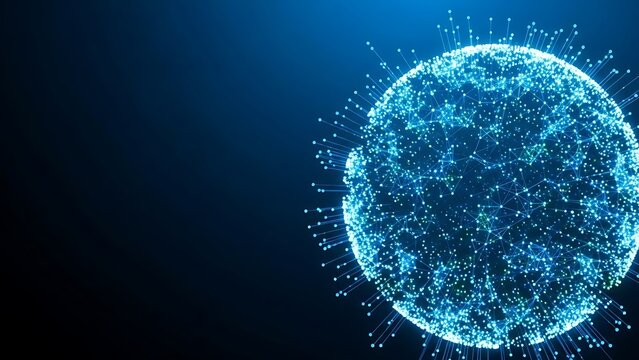 Glowing blue digital globe with network connections on dark background - Powered by Adobe