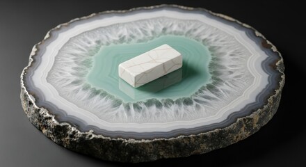 White Marble Block Displayed on Polished Teal Agate Geode Slice against Dark Background for Luxury Interior Design Materials and Wellness Concepts.