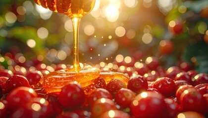 Honey drips over red berries in sunlit garden with bokeh