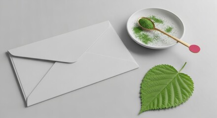 Minimalist Flat Lay of White Envelope, Fresh Green Leaf, and Matcha Powder on a Gray Desk for Eco-Friendly Branding and Wellness Mockups.