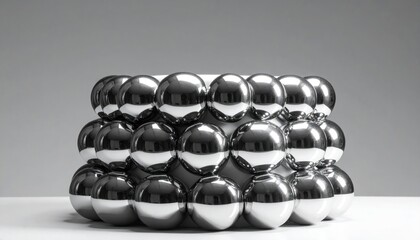 Stacked shiny metallic spheres form a pyramid structure on a white surface