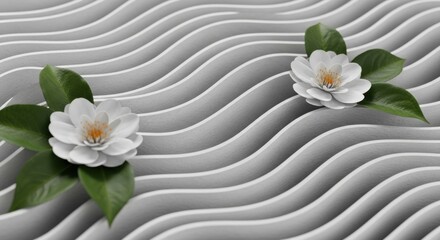Minimalist White Flowers on Wavy Grey Abstract Background for Luxury Wellness, Zen, and Beauty Product Display Concept.