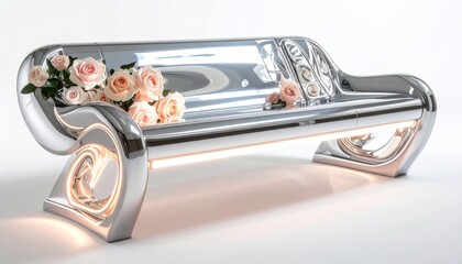 Obraz premium Chrome bench with roses, glowing trim, and a modern design