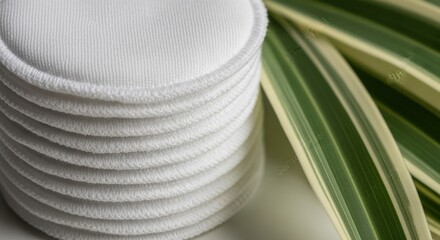 Stacked Reusable Cotton Makeup Remover Pads with Natural Green Leaf Background for Sustainable Beauty and Eco-Friendly Skincare Advertising.