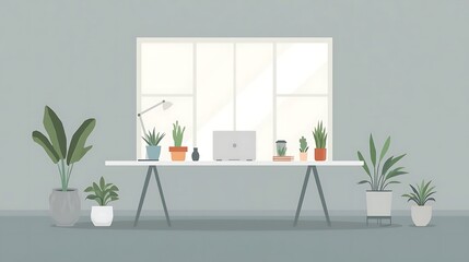 Eco-friendly office interior illustration with green plants and desk.