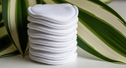 Eco-Friendly Reusable Makeup Pads Stacked Next to Variegated Plant Leaf, Highlighting Sustainable Zero Waste Skincare and Beauty.