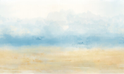 Summer or spring seascape with a sandy shore and sea on the horizon under a blue sky and clouds. Digital watercolor illustration. Seamless background border, ocean and coastline views, sandy seabed. 