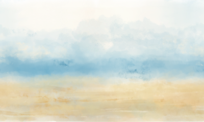 Summer or spring seascape with a sandy shore and sea on the horizon under a blue sky and clouds. Digital watercolor illustration. Seamless background border, ocean and coastline views, sandy seabed. 