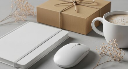 Minimalist Office Setup with Blank Notebook, Wireless Mouse, and Coffee Near a Kraft Gift Box Mockup for Home Workspace Aesthetics and Gifting Promotion.