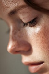 Close-up profile of a freckled face with a closed eye, long eyelashes, and smooth skin. Concept Close-up portrait, Freckled skin, Closed eye, Long eyelashes, Smooth complexion