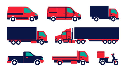 Naklejka premium Red Blue Delivery Truck Fleet Van Pickup Semi-Trailer Set Illustration