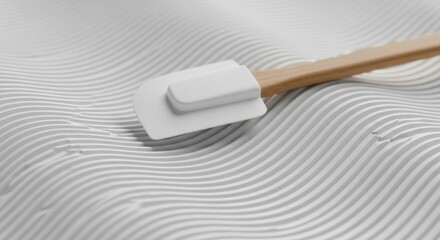 Modern White Silicone Spatula Gliding Over Abstract Wavy Texture, Creating Smooth Culinary Precision and Minimalist Background.