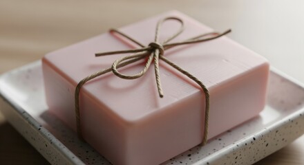 Pink Luxury Soap Bar Gift Tied with Jute Twine, presented on a minimalist ceramic tray for natural beauty and spa advertising concepts.