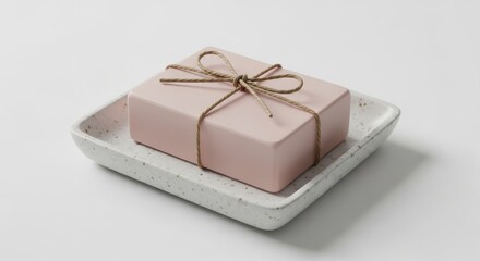 Minimalist Pink Soap Bar Tied with Twine on Speckled Ceramic Dish, perfect for luxury spa and organic beauty product showcase.