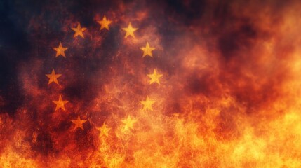 Obraz premium Flames engulf the symbol of unity during a chaotic moment in Europe