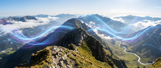 Digital Data Flow Over Mountain Landscape. Concept of Global Network Connectivity, Big Data Transfer, and Futuristic Technology Spanning Remote Environments.