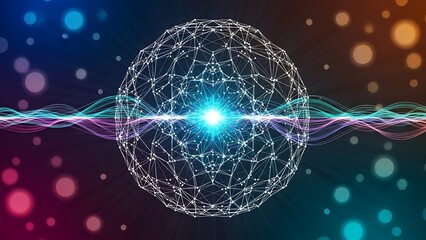 Glowing blue network sphere with lines and dots on multicolored background