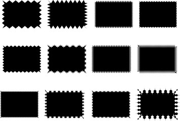 Set of black rectangular shapes with zigzag and perforated edges on white background. Graphic...